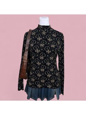 90s brown floral whimsygoth whimsical quirky mock neck stretchy slinky top